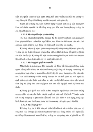21
kiến hoặc phần trình bày của người khác, biết cho ý kiến phản hồi mà không vội
vàng đánh giá, đồng thời đối đáp hợp lý trong quá trình giao tiếp.
Người có kỹ năng này luôn biết tôn trọng và quan tâm đến ý kiến của người
khác nhờ đó họ hạn chế các bất đồng trong giao tiếp, việc thương lượng và hợp tác
của họ đạt hiệu quả cao.
1.3.2.6. Kỹ năng thể hiện sự cảm thông
Thể hiện sự cảm thông là khả năng có thể đặt mình trong hoàn cảnh của người
khác giúp ta hiểu và chấp nhận người khác, qua đó có thể hiểu được cảm xúc, tình
cảm của người khác và cảm thông với hoàn cảnh hoặc nhu cầu của họ.
Kỹ năng này có ý nghĩa quan trọng trong việc tăng cường hiệu quả giao tiếp
và ứng xử, cải thiện mối quan hệ giao tiếp xã hội, đặc biệt trong bối cảnh xã hội đa
văn hóa, đa sắc tộc. Kỹ năng thể hiện sự cảm thông giúp khuyến khích thái độ quan
tâm và hành vi thân thiện, gần gũi với người cần giúp đỡ.
1.3.2.7. Kỹ năng giải quyết mâu thuẫn
Mâu thuẫn là những xung đột, tranh cãi, bất đồng, bất bình với một hay nhiều
người về một vấn đề nào đó. Mâu thuẫn trong cuộc sống rất đa dạng và thường bắt
nguồn từ sự khác nhau về quan điểm, chính kiến, lối sống, tín ngưỡng, tôn giáo, văn
hóa. Mâu thuẫn thường có ảnh hưởng tiêu cực tới các mối quan hệ. Mỗi người có
cách giải quyết mâu thuẫn khác nhau tùy vào vốn hiểu biết, quan niệm, văn hóa và
cách ứng xử cũng như khả năng phân tích tìm hiểu nguyên nhân nảy sinh mâu
thuẫn.
Kỹ năng giải quyết mâu thuẫn là khả năng con người nhận thức được những
nguyên nhân xảy ra mâu thuẫn và giải quyết nó một cách hòa bình. Yêu cầu trước
hết của kỹ năng này là phải luôn kiềm chế cảm xúc, tránh bị kích động, nóng vội,
bình tĩnh trước mọi tình huống trước khi tìm ra được cách giải quyết tốt nhất.
1.3.2.8. Kỹ năng hợp tác
Kỹ năng hợp tác là khả năng cá nhân biết chia sẻ trách nhiệm, biết cam kết
cùng làm việc có hiệu quả với những thành viên khác trong nhóm. Mỗi người đều
có những điểm mạnh và hạn chế riêng, sự hợp tác trong công việc sẽ giúp hỗ trợ, bổ
 