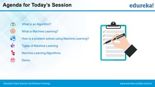www.edureka.co/data-scienceEdureka’s Data Science Certification Training
Agenda for Today’s Session
What is an Algorithm?
What is Machine Learning?
How is a problem solved using Machine Learning?
Types of Machine Learning
Machine Learning Algorithms
Demo
 