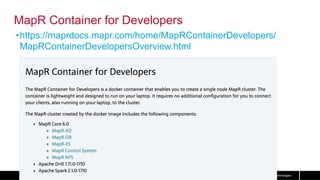 © 2017 MapR Technologies
MapR Container for Developers
• https://maprdocs.mapr.com/home/MapRContainerDevelopers/
MapRContainerDevelopersOverview.html
 
