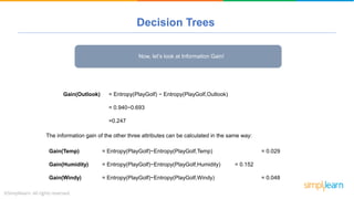 Decision Trees
Now, let’s look at Information Gain!
Gain(Outlook) = Entropy(PlayGolf) − Entropy(PlayGolf,Outlook)
= 0.940−0.693
=0.247
The information gain of the other three attributes can be calculated in the same way:
Gain(Temp) = Entropy(PlayGolf)−Entropy(PlayGolf,Temp) = 0.029
Gain(Humidity) = Entropy(PlayGolf)−Entropy(PlayGolf,Humidity) = 0.152
Gain(Windy) = Entropy(PlayGolf)−Entropy(PlayGolf,Windy) = 0.048
 