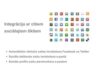 Integrācija ar citiem
sociālajiem tīkliem



 • Automātiska vēstules saites ieveitošana Facebook un Twitter
 • Sociālo dalīšanās saišu ievietošana e-pastā
 • Sociālo profilu saišu pievienošana e-pastam
 