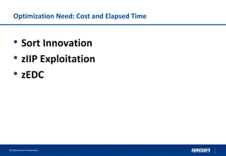 Optimization Need: Cost and Elapsed Time
© 2016 Syncsort Incorporated
• Sort Innovation
• zIIP Exploitation
• zEDC
 