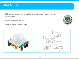 41!
•  PIR senses motion from reading heat signature changes in the
environment
•  Widely available, los cost
•  Slow reaction speed (<1Hz)
SENSORS – PIR
SENSORS – PIR
 