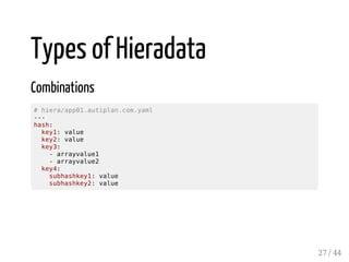Types of Hieradata
Combinations
# hiera/app01.autiplan.com.yaml
---
hash:
key1: value
key2: value
key3:
- arrayvalue1
- arrayvalue2
key4:
subhashkey1: value
subhashkey2: value
27 / 44
 