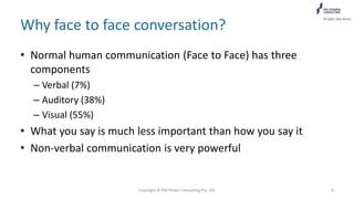 Why face to face conversation?
• Normal human communication (Face to Face) has three
components
– Verbal (7%)
– Auditory (38%)
– Visual (55%)
• What you say is much less important than how you say it
• Non-verbal communication is very powerful
Copyright © PM Power Consulting Pvt. Ltd. 8
 