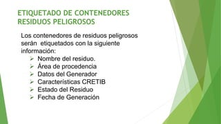 Los contenedores de residuos peligrosos
serán etiquetados con la siguiente
información:
 Nombre del residuo.
 Área de procedencia
 Datos del Generador
 Características CRETIB
 Estado del Residuo
 Fecha de Generación
ETIQUETADO DE CONTENEDORES
RESIDUOS PELIGROSOS
 