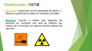 Clasificación CRETIB
 Corrosivo: sustancias con la capacidad de dañar o
destruir superficies al estar en contacto con ellas.
 Reactivo: líquido o sólido que después de
ponerse en contacto con aire se inflama (en
menos de 5 minutos) sin alguna fuente externa de
ignición
 