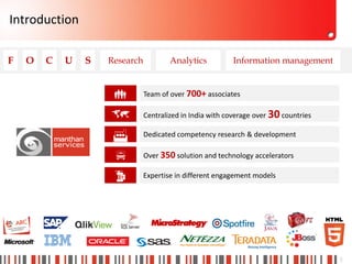 Introduction

F   O   C   U   S   Research           Analytics          Information management


                              Team of over 700+ associates

                              Centralized in India with coverage over 30 countries

                              Dedicated competency research & development

                              Over 350 solution and technology accelerators

                              Expertise in different engagement models




                                                                                      2
 