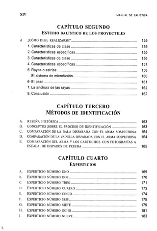 XIV MANUAL DE BALÍSTICA
CAPÍTULO SEGUNDO
ESTUDIO BALÍSTICO DE LOS PROYECTILES
A. ¿CÓMO DEBE REALIZARSE? 155
1. Características de clase 155
2. Características específicas 155
3. Características de clase 156
4. Características específicas 157
5. Rayas o estrías 158
El sistema d e microfusión 160
6 - E l p a s o 161
7. La anchura de las rayas 162
8. Conclusión 162
CAPÍTULO TERCERO
MÉTODOS DE IDENTIFICACIÓN
A. RESEÑA HISTÓRICA 163
B. CONCEPTOS SOBRE EL PROCESO DE IDENTIFICACIÓN 163
C. COMPARACIÓN DE LA BALA DISPARADA CON EL ARMA SOSPECHOSA 164
D. COMPARACIÓN DE LA VAINILLA DISPARADA CON EL ARMA SOSPECHOSA 164
E. COMPARACIÓN DEL ARMA Y LOS CARTUCHOS CON FOTOGRAFÍAS A
ESCALA, DE DISPAROS DE PRUEBA 165
CAPÍTULO CUARTO
EXPERTICIOS
A. EXPERTICIO NÚMERO UNO 169
B. EXPERTICIO NÚMERO DOS 170
C. EXPERTICIO NÚMERO TRES ! 171
D. EXPERTICIO NÚMERO CUATRO 173
E. EXPERTICIO NÚMERO CINCO 174
F. EXPERTICIO NÚMERO SEIS 175
G. EXPERTICIO NÚMERO SIETE 179
H. EXPERTICIO NÚMERO OCHO 181
I. EXPERTICIO NÚMERO NUEVE 1 8 3
 
