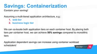 Contain your saving!
Assuming a multi-tiered application architecture, e.g.:
1. web tier
2. business logic tier
We can co-locate both application tiers on each container host. By placing both
tiers per container host, we can achieve 50% savings compared to monolithic
tiers
Application dependent savings can increase using container workload
schedulers!
Savings: Containerization
 