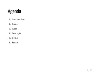 26/02/16 4:33 PMTitle
Page 2 of 20file:///Users/dieter/code/github/hypriot/hypriot-talks/20160210-Docker-Meetup-Belguim/Mastering-Docker-on-a-Raspberry-Pi.html#1
Agenda
1. Introduction
2. Goals
3. Ways
4. Concepts
5. Demo
6. Status
2 / 20
 