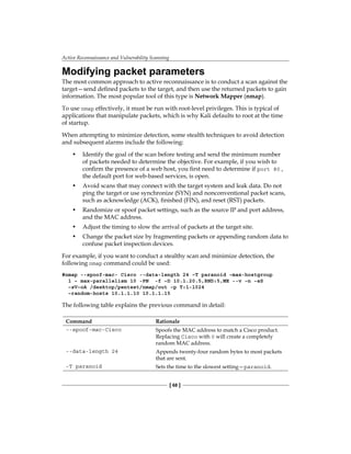 Active Reconnaissance and Vulnerability Scanning
[ 68 ]
Modifying packet parameters
The most common approach to active reconnaissance is to conduct a scan against the
target—send defined packets to the target, and then use the returned packets to gain
information. The most popular tool of this type is Network Mapper (nmap).
To use nmap effectively, it must be run with root-level privileges. This is typical of
applications that manipulate packets, which is why Kali defaults to root at the time
of startup.
When attempting to minimize detection, some stealth techniques to avoid detection
and subsequent alarms include the following:
•	 Identify the goal of the scan before testing and send the minimum number
of packets needed to determine the objective. For example, if you wish to
confirm the presence of a web host, you first need to determine if port 80 ,
the default port for web-based services, is open.
•	 Avoid scans that may connect with the target system and leak data. Do not
ping the target or use synchronize (SYN) and nonconventional packet scans,
such as acknowledge (ACK), finished (FIN), and reset (RST) packets.
•	 Randomize or spoof packet settings, such as the source IP and port address,
and the MAC address.
•	 Adjust the timing to slow the arrival of packets at the target site.
•	 Change the packet size by fragmenting packets or appending random data to
confuse packet inspection devices.
For example, if you want to conduct a stealthy scan and minimize detection, the
following nmap command could be used:
#nmap --spoof-mac- Cisco --data-length 24 –T paranoid –max-hostgroup
1 – max-parallelism 10 -PN -f –D 10.1.20.5,RND:5,ME --v –n –sS
–sV–oA /desktop/pentest/nmap/out –p T:1-1024
–random-hosts 10.1.1.10 10.1.1.15
The following table explains the previous command in detail:
Command Rationale
--spoof-mac-Cisco Spoofs the MAC address to match a Cisco product.
Replacing Cisco with 0 will create a completely
random MAC address.
--data-length 24 Appends twenty-four random bytes to most packets
that are sent.
-T paranoid Sets the time to the slowest setting—paranoid.
 