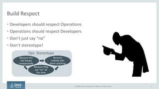 Copyright © 2016, Oracle and/or its affiliates. All rights reserved.
Discuss
• Don’t hide things! Open communication
on both sides
• Operations should be in Developer
discussions
• Developers should be in Operations
discussions
• Build shared runbooks/escalation plans
• Operations should give Developers direct
access to systems
27
 
