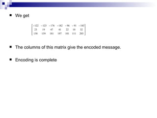 We get The columns of this matrix give the encoded message.  Encoding is complete   
