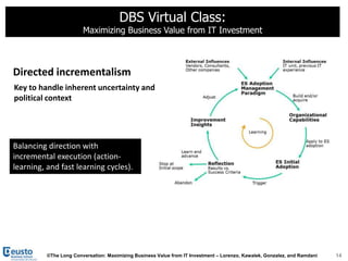 DBS Virtual Class:
                        Maximizing Business Value from IT Investment



Directed incrementalism
Key to handle inherent uncertainty and
political context




Balancing direction with
incremental execution (action-
learning, and fast learning cycles).




          ©The Long Conversation: Maximizing Business Value from IT Investment – Lorenzo, Kawalek, Gonzalez, and Ramdani   14
 