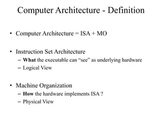 Computer Architecture - Definition
• Computer Architecture = ISA + MO
• Instruction Set Architecture
– What the executable can “see” as underlying hardware
– Logical View
• Machine Organization
– How the hardware implements ISA ?
– Physical View
 