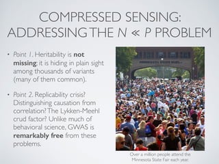 COMPRESSED SENSING: 
ADDRESSING THE N ≪ P PROBLEM 
• Point 1. Heritability is not 
missing; it is hiding in plain sight 
among thousands of variants 
(many of them common). 
• Point 2. Replicability crisis? 
Distinguishing causation from 
correlation? The Lykken-Meehl 
crud factor? Unlike much of 
behavioral science, GWAS is 
remarkably free from these 
problems. 
Over a million people attend the 
Minnesota State Fair each year. 
 