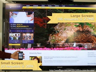 ND data
http://weedygarden.net/2012/05/a-case-for-ress/
Large Screen:
136 requests @ 2.7MB
Small Screen:
23 requests @ 291K
 