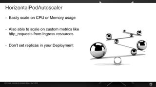 © 2019 Adobe. Kubernetes for Developers Meetup – May 13, 2019
HorizontalPodAutoscaler
 Easily scale on CPU or Memory usage
 Also able to scale on custom metrics like
http_requests from Ingress resources
 Don’t set replicas in your Deployment
 