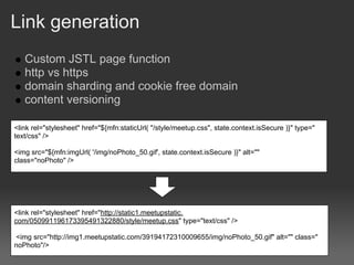 Link generation
   Custom JSTL page function
   http vs https
   domain sharding and cookie free domain
   content versioning

<link rel="stylesheet" href="${mfn:staticUrl( "/style/meetup.css", state.context.isSecure )}" type="
text/css" />

<img src="${mfn:imgUrl( '/img/noPhoto_50.gif', state.context.isSecure )}" alt=""
class="noPhoto" />




<link rel="stylesheet" href="http://static1.meetupstatic.
com/050991196173395491322880/style/meetup.css" type="text/css" />

<img src="http://img1.meetupstatic.com/39194172310009655/img/noPhoto_50.gif" alt="" class="
noPhoto"/>
 