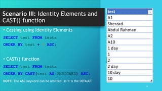 Scenario III: Identity Elements and
CAST() function
16
• Casting using Identity Elements
SELECT test FROM tests
ORDER BY test + 0 ASC;
• CAST() function
SELECT test FROM tests
ORDER BY CAST(test AS UNSIGNED) ASC;
NOTE: The ASC keyword can be omitted, as it is the DEFAULT.
 