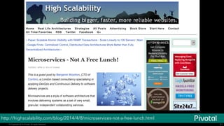 © Copyright 2014 Pivotal. All rights reserved.© Copyright 2014 Pivotal. All rights reserved. 31
http://highscalability.com/blog/2014/4/8/microservices-not-a-free-lunch.html
 