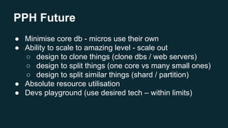 PPH Future
● Minimise core db - micros use their own
● Ability to scale to amazing level - scale out
○ design to clone things (clone dbs / web servers)
○ design to split things (one core vs many small ones)
○ design to split similar things (shard / partition)
● Absolute resource utilisation
● Devs playground (use desired tech – within limits)
 