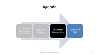 Agenda
Microservices,
Docker, and
the Cloud
Cloud with
Terraform
Terraform’s
Competitors
Summary /
Q&A
©2018 Derek C. Ashmore, All Rights Reserved 25
 