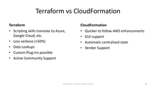 Terraform vs CloudFormation
Terraform
• Scripting skills translate to Azure,
Google Cloud, etc.
• Less verbose (>50%)
• Data Lookups
• Custom Plug-ins possible
• Active Community Support
CloudFormation
• Quicker to follow AWS enhancements
• GUI support
• Automatic centralized state
• Vendor Support
©2018 Derek C. Ashmore, All Rights Reserved 28
 