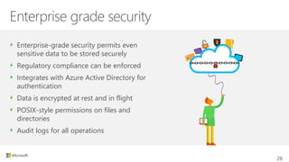 Enterprise grade security
Enterprise-grade security permits even
sensitive data to be stored securely
Regulatory compliance can be enforced
Integrates with Azure Active Directory for
authentication
Data is encrypted at rest and in flight
POSIX-style permissions on files and
directories
Audit logs for all operations
26
 