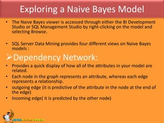 Exploring a Naive Bayes ModelThe Naive Bayes viewer is accessed through either the BI Development Studio or SQL Management Studio by right-clicking on the model and selecting Browse.SQL Server Data Mining provides four different views on Naive Bayes models :Dependency Network: Provides a quick display of how all of the attributes in your model are related. Each node in the graph represents an attribute, whereas each edge represents a relationship. outgoing edge (it is predictive of the attribute in the node at the end of the edge)Incoming edge( it is predicted by the other node)