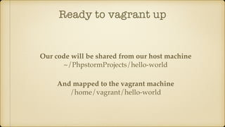 Ready to vagrant up
Our code will be shared from our host machine
And mapped to the vagrant machine
~/PhpstormProjects/hello-world
/home/vagrant/hello-world
 