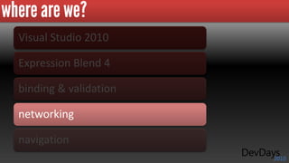 Visual Studio 2010

Expression Blend 4

binding & validation

networking

navigation
 