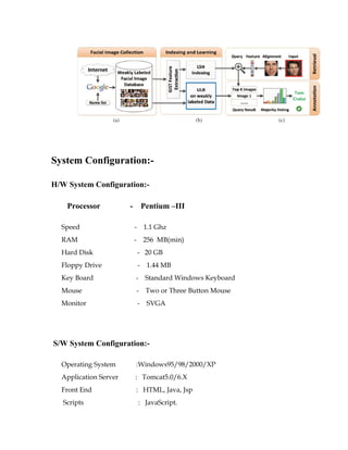 System Configuration:- 
H/W System Configuration:- 
Processor - Pentium –III 
Speed - 1.1 Ghz 
RAM - 256 MB(min) 
Hard Disk - 20 GB 
Floppy Drive - 1.44 MB 
Key Board - Standard Windows Keyboard 
Mouse - Two or Three Button Mouse 
Monitor - SVGA 
S/W System Configuration:- 
Operating System :Windows95/98/2000/XP 
Application Server : Tomcat5.0/6.X 
Front End : HTML, Java, Jsp 
Scripts : JavaScript. 
 