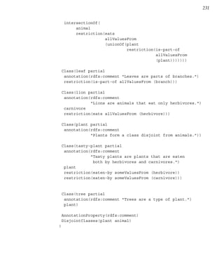 231


     intersectionOf(
          animal
          restriction(eats
                      allValuesFrom
                      (unionOf(plant
                               restriction(is-part-of
                                           allValuesFrom
                                           (plant)))))))

    Class(leaf partial
     annotation(rdfs:comment "Leaves are parts of branches.")
     restriction(is-part-of allValuesFrom (branch)))

    Class(lion partial
     annotation(rdfs:comment
                "Lions are animals that eat only herbivores.")
     carnivore
     restriction(eats allValuesFrom (herbivore)))

    Class(plant partial
     annotation(rdfs:comment
                "Plants form a class disjoint from animals."))

    Class(tasty-plant partial
     annotation(rdfs:comment
                "Tasty plants are plants that are eaten
                 both by herbivores and carnivores.")
     plant
     restriction(eaten-by someValuesFrom (herbivore))
     restriction(eaten-by someValuesFrom (carnivore)))


    Class(tree partial
     annotation(rdfs:comment "Trees are a type of plant.")
     plant)

    AnnotationProperty(rdfs:comment)
    DisjointClasses(plant animal)
)
 