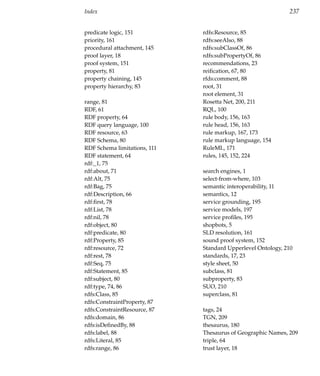 Index                                                        237


predicate logic, 151          rdfs:Resource, 85
priority, 161                 rdfs:seeAlso, 88
procedural attachment, 145    rdfs:subClassOf, 86
proof layer, 18               rdfs:subPropertyOf, 86
proof system, 151             recommendations, 23
property, 81                  reiﬁcation, 67, 80
property chaining, 145        rfds:comment, 88
property hierarchy, 83        root, 31
                              root element, 31
range, 81                     Rosetta Net, 200, 211
RDF, 61                       RQL, 100
RDF property, 64              rule body, 156, 163
RDF query language, 100       rule head, 156, 163
RDF resource, 63              rule markup, 167, 173
RDF Schema, 80                rule markup language, 154
RDF Schema limitations, 111   RuleML, 171
RDF statement, 64             rules, 145, 152, 224
rdf:_1, 75
rdf:about, 71                 search engines, 1
rdf:Alt, 75                   select-from-where, 103
rdf:Bag, 75                   semantic interoperability, 11
rdf:Description, 66           semantics, 12
rdf:ﬁrst, 78                  service grounding, 195
rdf:List, 78                  service models, 197
rdf:nil, 78                   service proﬁles, 195
rdf:object, 80                shopbots, 5
rdf:predicate, 80             SLD resolution, 161
rdf:Property, 85              sound proof system, 152
rdf:resource, 72              Standard Upperlevel Ontology, 210
rdf:rest, 78                  standards, 17, 23
rdf:Seq, 75                   style sheet, 50
rdf:Statement, 85             subclass, 81
rdf:subject, 80               subproperty, 83
rdf:type, 74, 86              SUO, 210
rdfs:Class, 85                superclass, 81
rdfs:ConstraintProperty, 87
rdfs:ConstraintResource, 87   tags, 24
rdfs:domain, 86               TGN, 209
rdfs:isDeﬁnedBy, 88           thesaurus, 180
rdfs:label, 88                Thesaurus of Geographic Names, 209
rdfs:Literal, 85              triple, 64
rdfs:range, 86                trust layer, 18
 