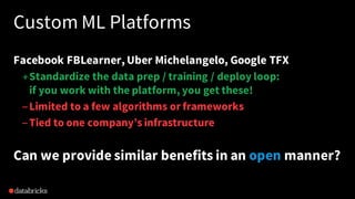 Custom ML Platforms
Facebook FBLearner, Uber Michelangelo, Google TFX
+Standardize the data prep / training / deploy loop:
if you work with the platform, you get these!
– Limited to a few algorithms or frameworks
– Tied to one company’s infrastructure
Can we provide similar benefits in an open manner?
 