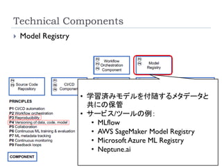Technical Components
36
 Model Registry
• 学習済みモデルを付随するメタデータと
共にの保管
• サービス/ツールの例：
• MLflow
• AWS SageMaker Model Registry
• Microsoft Azure ML Registry
• Neptune.ai
 