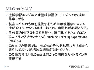 MLOpsとは？
15
 機械学習エンジニアは機械学習（ML）モデルの作成に
集中しがち
 製品レベルのものを提供するためには複雑なシステム
構成やインフラとの連携、またその自動化が必要となる。
 手作業のMLプロセスを自動化、運用化するためのエン
ジニアリングプラクティスがMachine Learning Operations
(MLOps)
 これまでの研究では、MLOpsをそれぞれ異なる視点から
語られており、総括的な議論が欠けていた。
 この論文では「MLOpsとは何か」の明確なガイドラインを
作成する
 