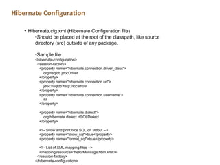 Hibernate Configuration
• Hibernate.cfg.xml (Hibernate Configuration file)
•Should be placed at the root of the classpath, like source
directory (src) outside of any package.
•Sample file
<hibernate-configuration>
<session-factory>
<property name="hibernate.connection.driver_class">
org.hsqldb.jdbcDriver
</property>
<property name="hibernate.connection.url">
jdbc:hsqldb:hsql://localhost
</property>
<property name="hibernate.connection.username">
sa
</property>
<property name="hibernate.dialect">
org.hibernate.dialect.HSQLDialect
</property>
<!-- Show and print nice SQL on stdout -->
<property name="show_sql">true</property>
<property name="format_sql">true</property>
<!-- List of XML mapping files -->
<mapping resource="hello/Message.hbm.xml"/>
</session-factory>
</hibernate-configuration>
 