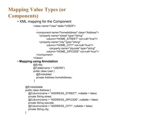 Mapping Value Types (or
Components)
• XML mapping for the Component
<class name="User" table="USER">
...
<component name="homeAddress" class="Address">
<property name="street" type="string"
column="HOME_STREET" not-null="true"/>
<property name="city" type="string"
column="HOME_CITY" not-null="true"/>
<property name="zipcode" type="string"
column="HOME_ZIPCODE" not-null="true"/>
</component>
</class>
• Mapping using Annotation
@Entity
@Table(name = "USERS")
public class User {
@Embedded
private Address homeAddress;
}
@Embeddable
public class Address {
@Column(name = "ADDRESS_STREET", nullable = false)
private String street;
@Column(name = "ADDRESS_ZIPCODE", nullable = false)
private String zipcode;
@Column(name = "ADDRESS_CITY", nullable = false)
private String city;
}
 