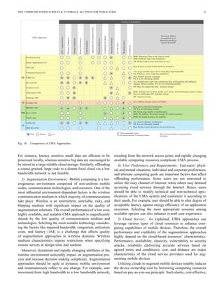 IEEE COMMUNICATIONS SURVEYS & TUTORIALS, ACCEPTED FOR PUBLICATION 23
Fig. 10. Comparison of CMA Approaches.
For instance, latency sensitive small data are efﬁcient to be
processed locally, whereas sensitive big data are encouraged to
be stored in a large reliable cloud storage. Similarly, ofﬂoading
a coarse-grained, large code to a distant ﬁxed cloud via a low
bandwidth network is not feasible.
3) Augmentation Environment: Mobile computing is a het-
erogeneous environment comprised of non-uniform mobile
nodes, communication technologies, and resources. One of the
most inﬂuential environment-dependent factors is the wireless
communication medium in which majority of communications
take place. Wireless is an intermittent, unreliable, risky, and
blipping medium with signiﬁcant impact on the quality of
augmentation solutions. The overall performance of a low cost,
highly available, and scalable CMA approach is magniﬁcently
shrunk by the low quality of communication medium and
technologies. Selecting the most suitable technology consider-
ing the factors like required bandwidth, congestion, utilization
costs, and latency [164] is a challenge that affects quality
of augmentation approaches in wireless domains. Wireless
medium characteristics impose restrictions when specifying
remote servers at design time and runtime.
Moreover, dynamism and rapidly changing attributes of the
runtime environment noticeably impact on augmentation pro-
cess and increase decision making complexity. Augmentation
approaches should be agile in dynamic mobile environment
and instantaneously reﬂect to any change. For example, user
movement from high bandwidth to a low bandwidth network,
receding from the network access point, and rapidly changing
available computing resources complicate CMA process.
4) User Preferences and Requirements: End-users’ physi-
cal and mental situations, individual and corporate preferences,
and ultimate computing goals are important factors that affect
ofﬂoading performance. Some users are not interested to
utilize the risky channel of Internet, while others may demand
accessing cloud services through the Internet. Hence, users
should be able to modify technical and non-technical spec-
iﬁcations of the CMA system and customize it according to
their needs. For example, user should be able to alter degree of
acceptable latency against energy efﬁciency of an application
execution. Selecting the most appropriate resource among
available options can also enhance overall user experience.
5) Cloud Servers: As explained, CMA approaches can
leverage various types of cloud resources to enhance com-
puting capabilities of mobile devices. Therefore, the overall
performance and credibility of the augmentation approaches
highly depend on the cloud-based resources’ characteristics.
Performance, availability, elasticity, vulnerability to security
attacks, reliability (delivering accurate services based on
agreed terms and conditions), cost, and distance are major
characteristics of the cloud service providers used for aug-
menting mobile devices.
Utilizing clouds to augment mobile devices notably reduces
the device ownership cost by borrowing computing resources
based on pay-as-you-use principle. Such elastic, cost-effective,
 