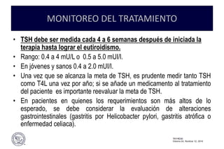 MONITOREO DEL TRATAMIENTO
• TSH debe ser medida cada 4 a 6 semanas después de iniciada la
terapia hasta lograr el eutiroidismo.
• Rango: 0.4 a 4 mU/L o 0.5 a 5.0 mUI/l.
• En jóvenes y sanos 0.4 a 2.0 mUI/l.
• Una vez que se alcanza la meta de TSH, es prudente medir tanto TSH
como T4L una vez por año; si se añade un medicamento al tratamiento
del paciente es importante reevaluar la meta de TSH.
• En pacientes en quienes los requerimientos son más altos de lo
esperado, se debe considerar la evaluación de alteraciones
gastrointestinales (gastritis por Helicobacter pylori, gastritis atrófica o
enfermedad celiaca).
 