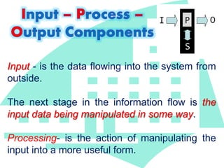 Input - is the data flowing into the system from 
outside. 
The next stage in the information flow is the 
input data being manipulated in some way. 
Processing- is the action of manipulating the 
input into a more useful form. 
 