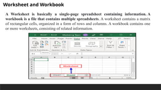 Worksheet and Workbook
A Worksheet is basically a single-page spreadsheet containing information. A
workbook is a file that contains multiple spreadsheets. A worksheet contains a matrix
of rectangular cells, organized in a form of rows and columns. A workbook contains one
or more worksheets, consisting of related information.
 
