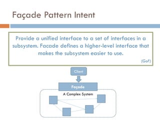 Façade Pattern Intent
Provide a unified interface to a set of interfaces in a
subsystem. Facade defines a higher-level interface that
makes the subsystem easier to use.
(GoF)
A Complex System
Façade
Client
 