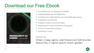 Download our Free Ebook
29
• How ModSecurity 3.0 integrates with NGINX
• Installing ModSecurity with NGINX Plus
• Compiling and installing ModSecurity with NGINX Open Source
• Installing the Core Rule Set
• Installing Trustwave Commercial Rules
• Integrating with Project HoneyPot for IP reputation
• Tuning to minimize false positives
• Performance Tuning
Download now:
https://www.nginx.com/resources/library/mo
dsecurity-3-nginx-quick-start-guide/
 