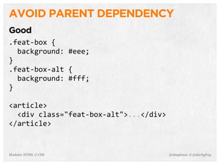 @shayhowe & @darbyfreyModular HTML & CSS
AVOID PARENT DEPENDENCY
Good
.feat-­‐box	
  {
	
  	
  background:	
  #eee;
}
.feat-­‐box-­‐alt	
  {
	
  	
  background:	
  #fff;
}
<article>
	
  	
  <div	
  class="feat-­‐box-­‐alt">...</div>
</article>
 