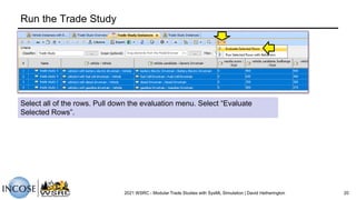 Run the Trade Study
2021 WSRC - Modular Trade Studies with SysML Simulation | David Hetherington 20
Select all of the rows. Pull down the evaluation menu. Select “Evaluate
Selected Rows”.
 