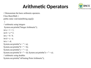 Arithmetic Operators
// Demonstrate the basic arithmetic operators.
Class BasicMath {
public static void main(String args[])
{
// arithmetic using integers
System.out.println("Integer Arithmetic");
int a = 1 + 1;
int b = a * 3;
int c = b / 4;
int d = c - a;
int e = -d;
System.out.println("a = " + a);
System.out.println("b = " + b);
System.out.println("c = " + c);
System.out.println("d = " + d); System.out.println("e = " + e);
// arithmetic using doubles
System.out.println("nFloating Point Arithmetic");
 